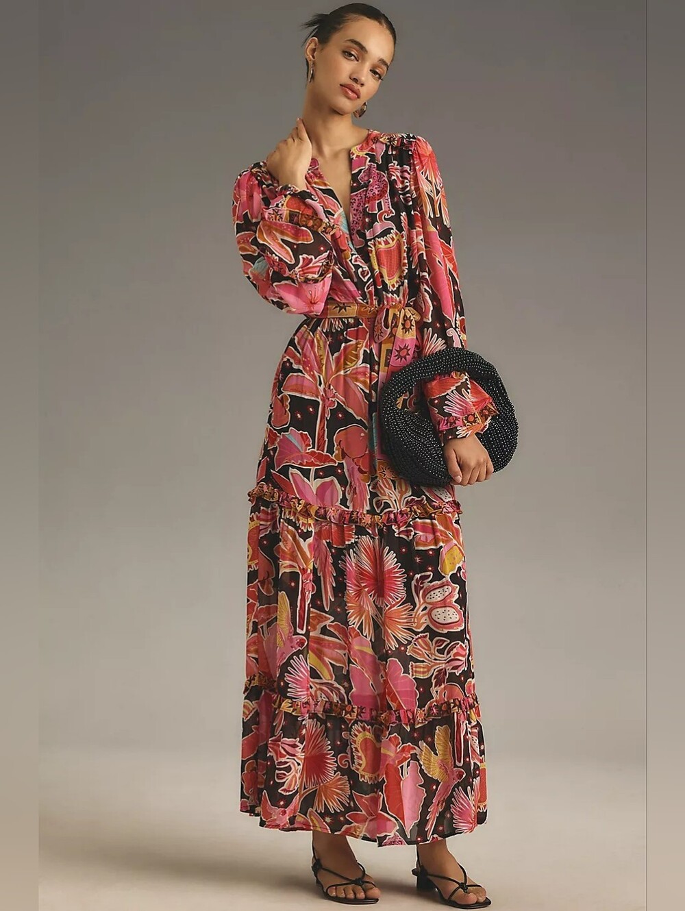NWT Farm Rio Long-Sleeve Floral Tiered Maxi Dress XXS